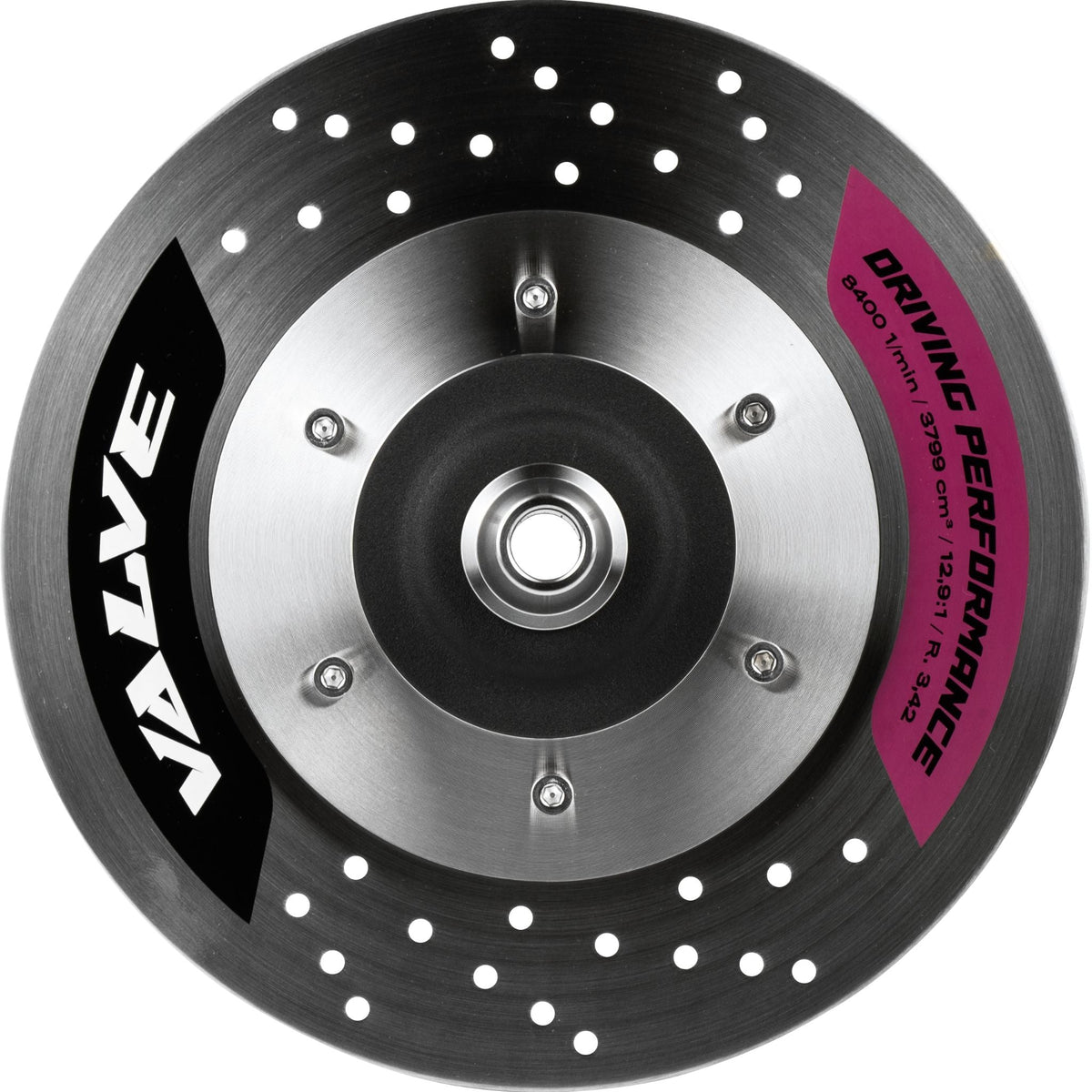 Flat top-down view of the Amotion Valve MZ54 dual brake-disc charcoal plate in brushed stainless steel with bold VALVE branding, image 9 of 11