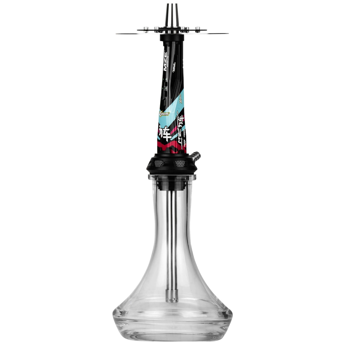 Amotion Valve MZ54 shisha front view, the 52cm motorsport flagship with high-gloss black painted-aluminium sleeve and MZE racing-line decals, image 2 of 11