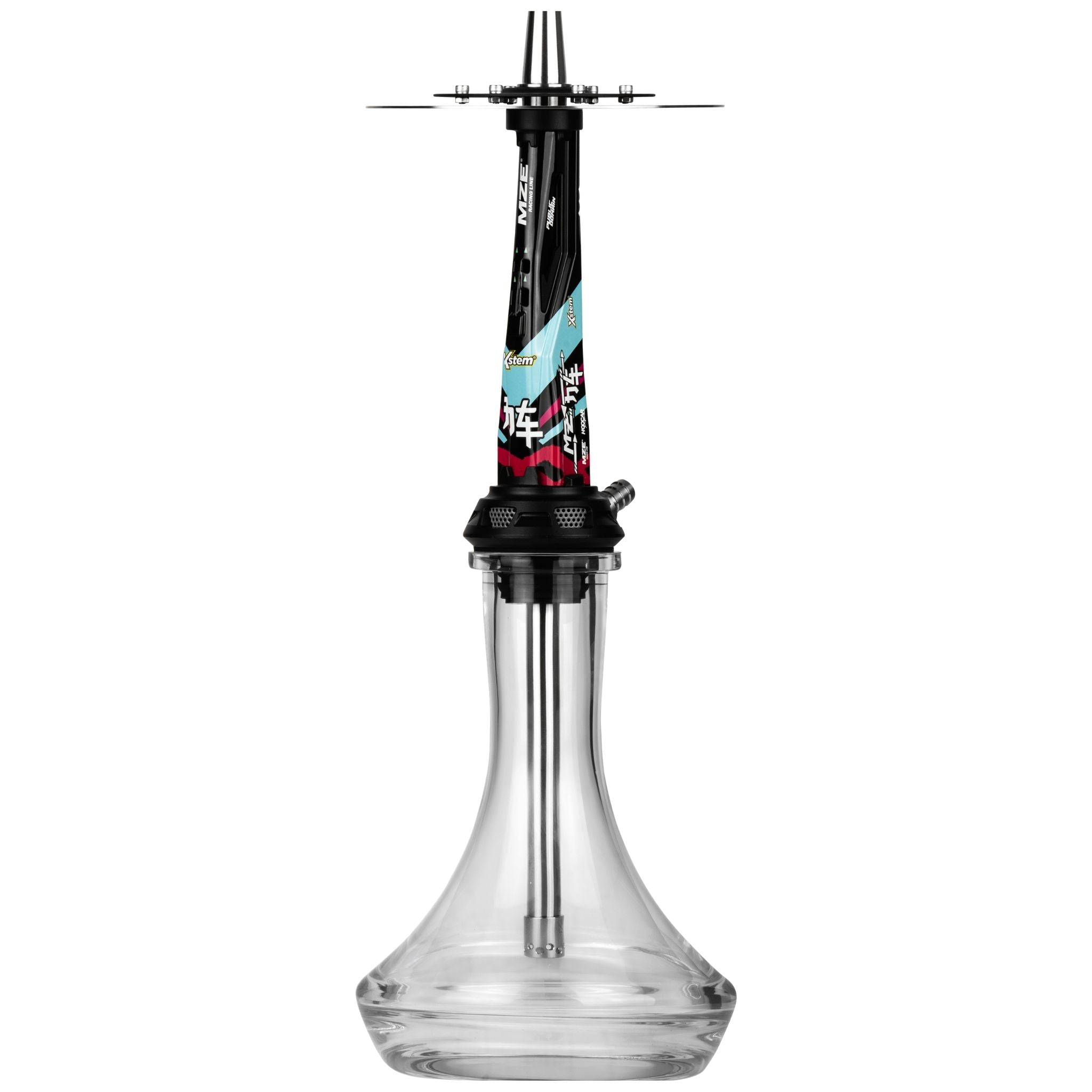 Amotion Valve MZ54 shisha front view, the 52cm motorsport flagship with high-gloss black painted-aluminium sleeve and MZE racing-line decals