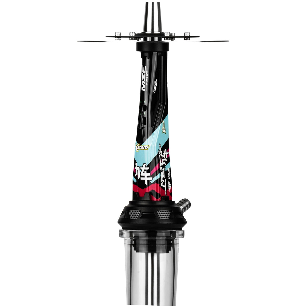 Close-up of the Amotion Valve MZ54 upper stem and dual stainless steel brake-disc charcoal plate above the glossy black race-livery sleeve, image 4 of 11