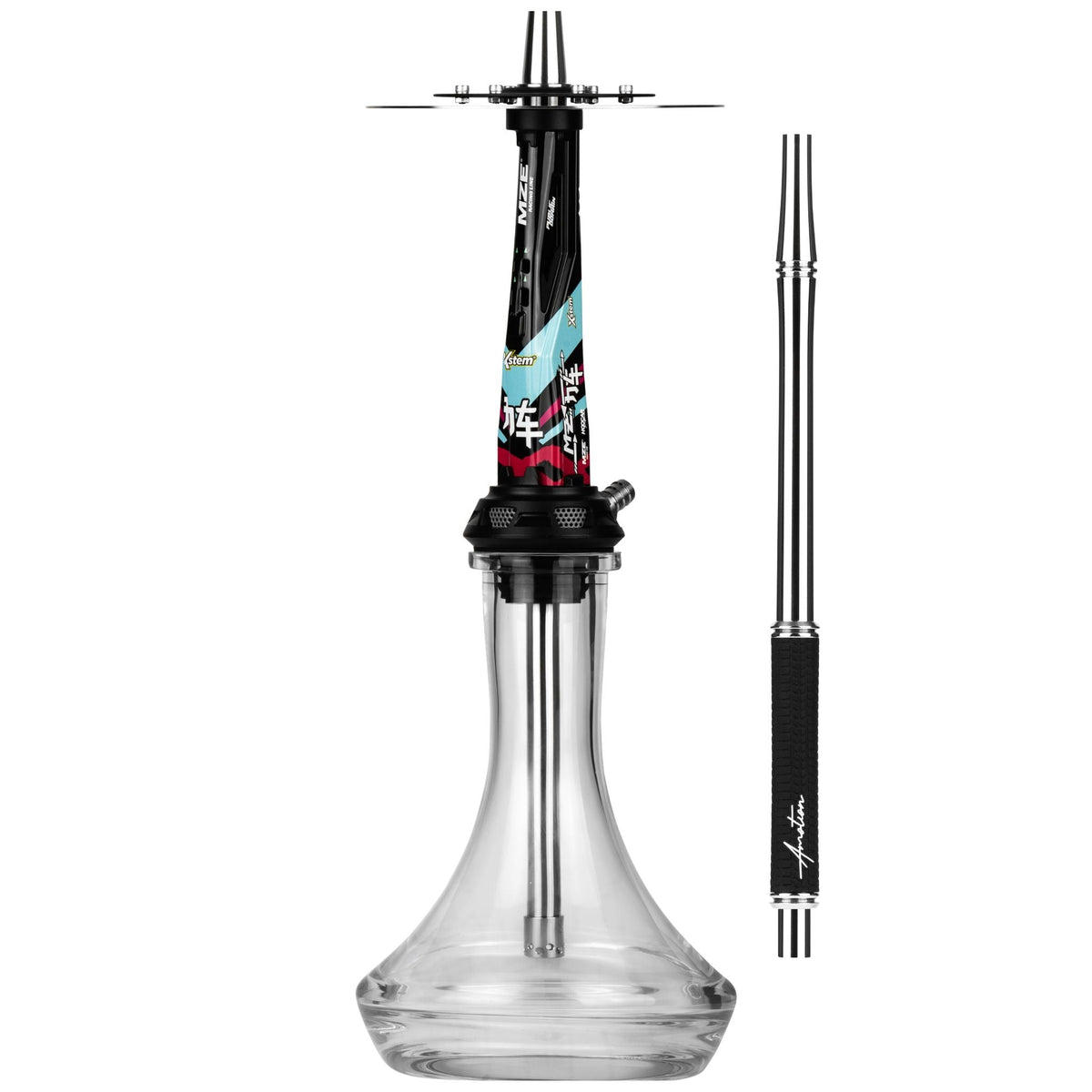 Amotion Valve MZ54 shisha and matching braided mouthpiece, side view showing the brake-disc charcoal plate and clear plug-in glass base, image 3 of 11