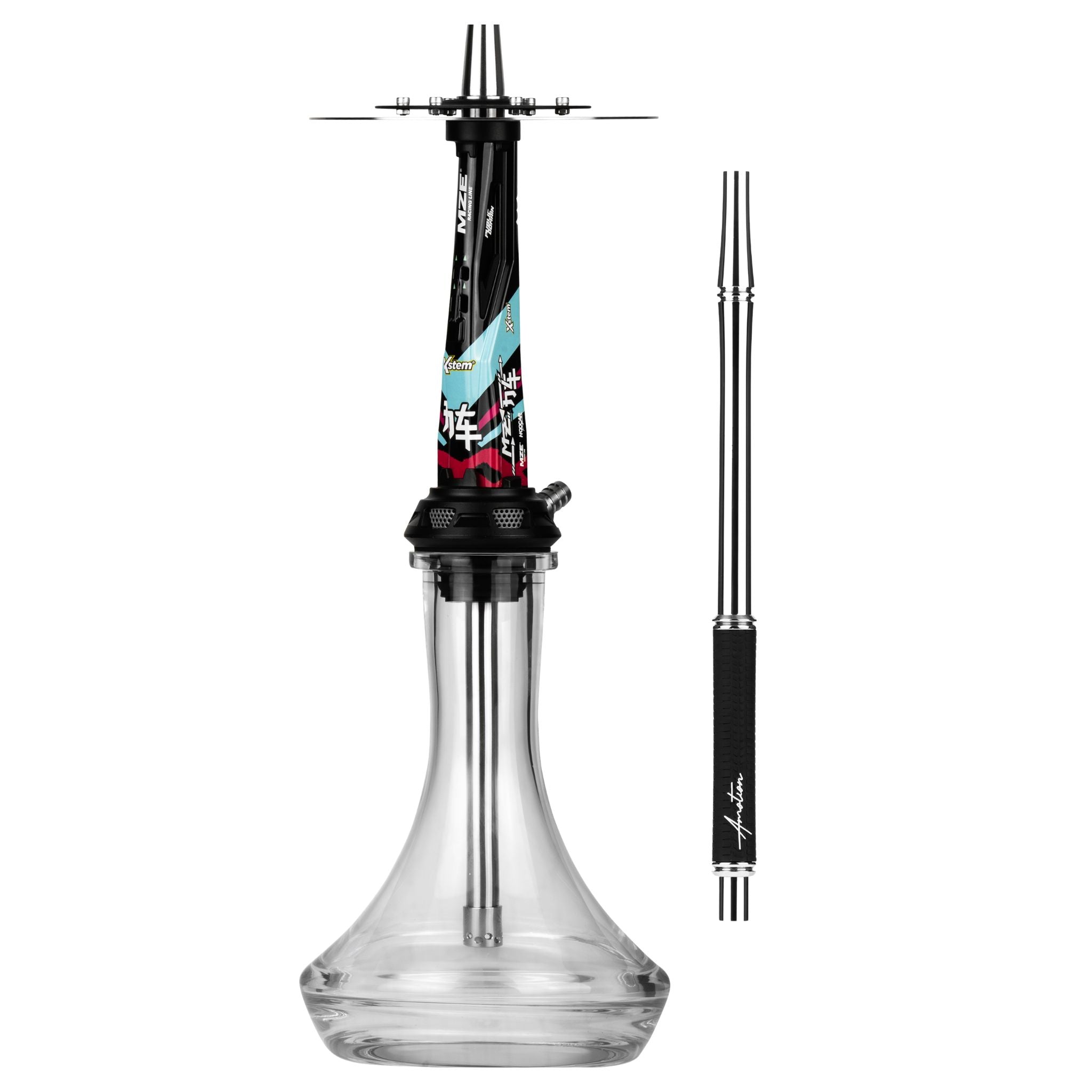 Amotion Valve MZ54 shisha in high-gloss black with red and turquoise race livery, shown with the included colour-matched mouthpiece, from The Premium Way