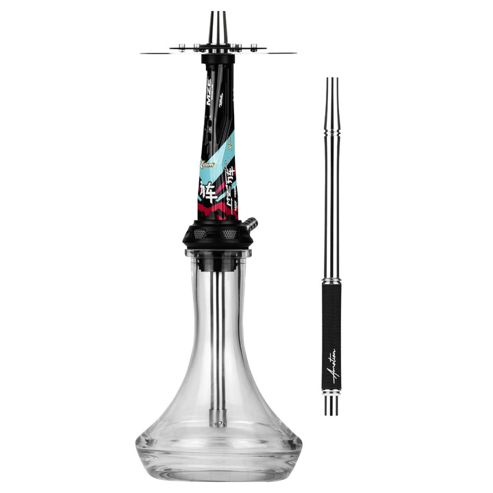 Amotion Valve MZ54 shisha in high-gloss black with red and turquoise race livery, shown with the included colour-matched mouthpiece, from The Premium Way