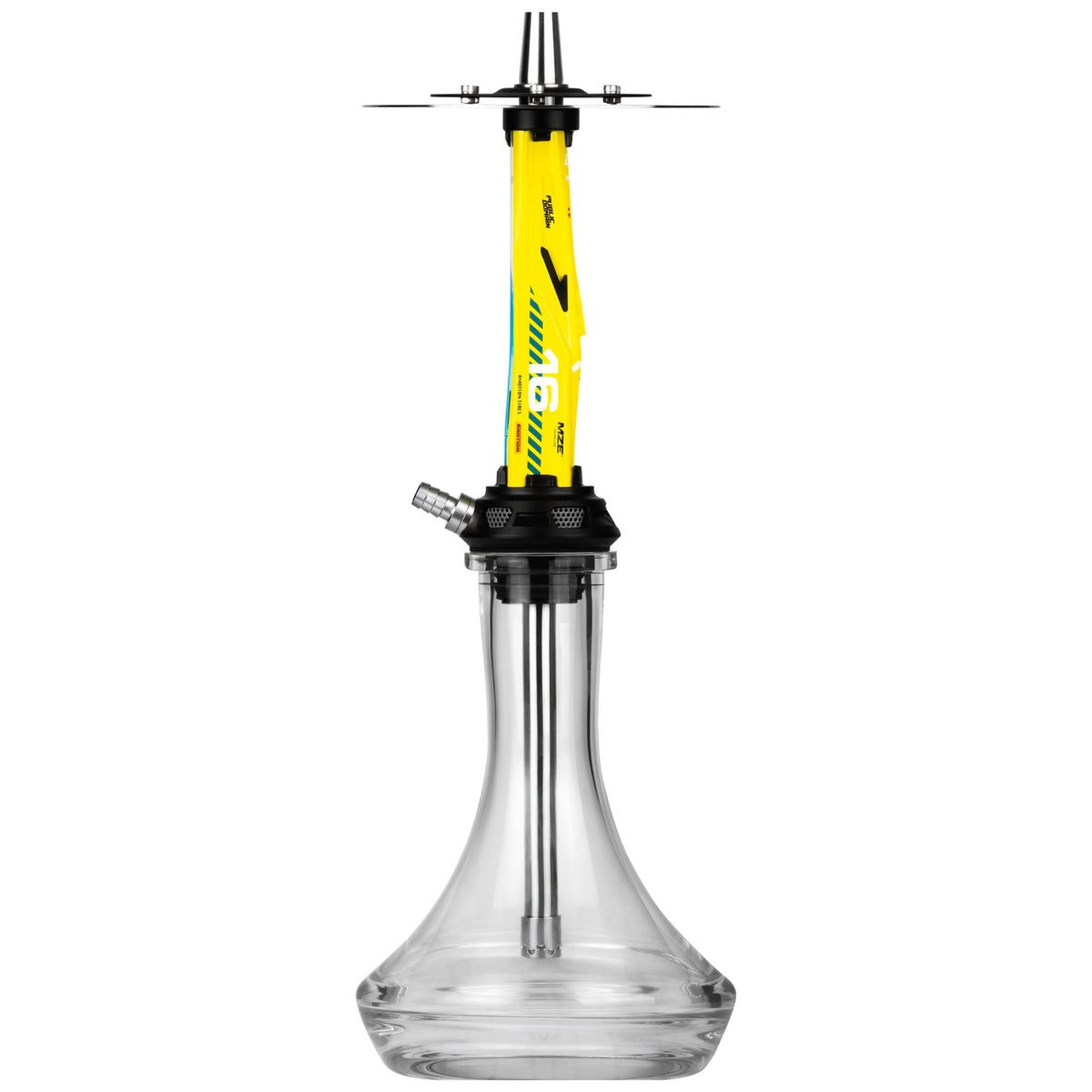 Amotion Valve X16 shisha with the racing-exhaust blow-off purge vents facing forward, blue and yellow gloss sleeve and clear glass base, image 9 of 12