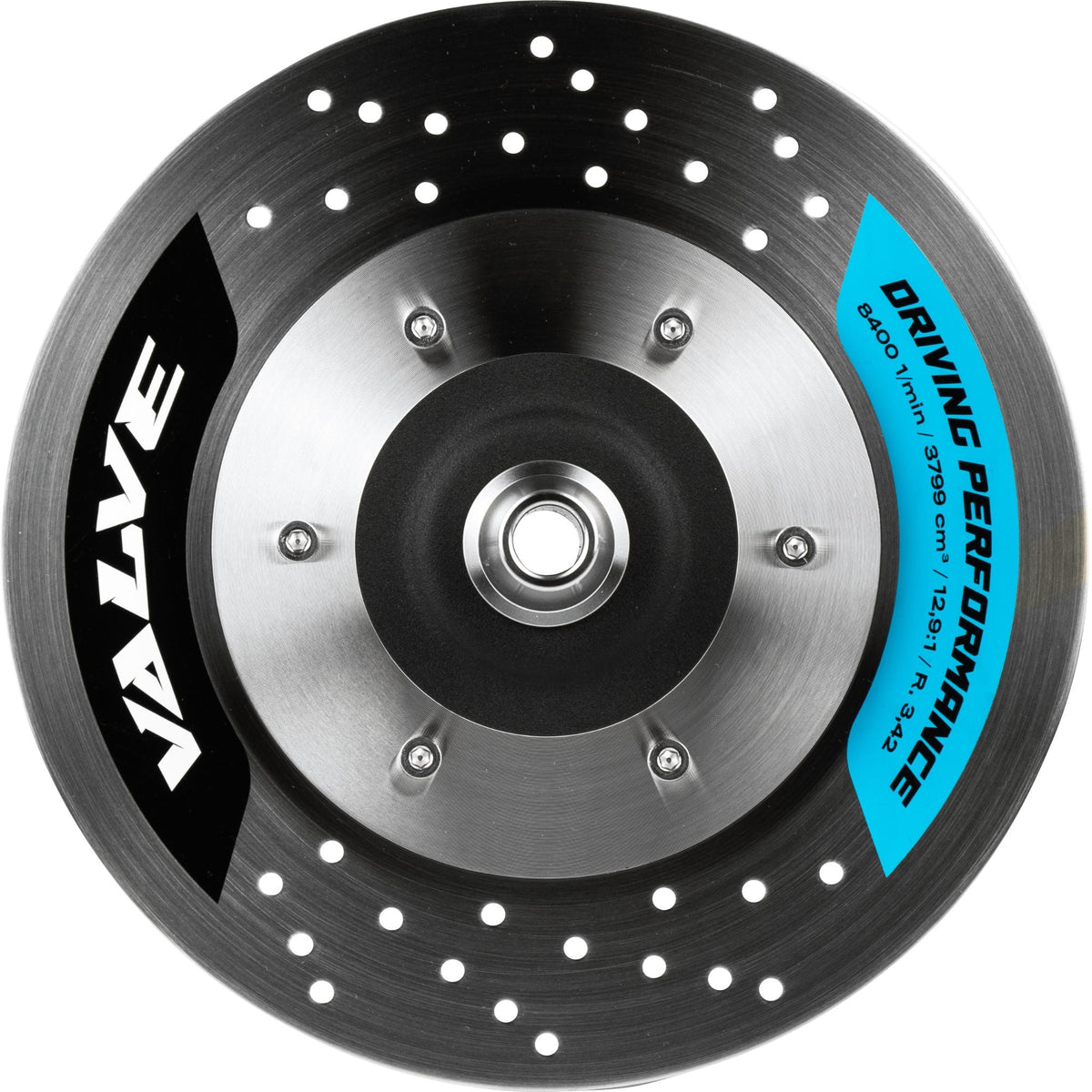 Flat top-down view of the Amotion Valve X16 dual brake-disc charcoal plate in brushed stainless steel with bold VALVE branding, image 10 of 12