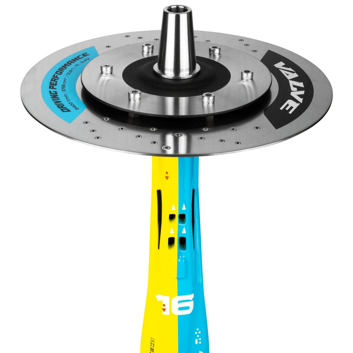 Top view of the Amotion Valve X16 brake-disc charcoal plate engraved VALVE Driving Performance, with the central bowl-adapter cone, image 5 of 12