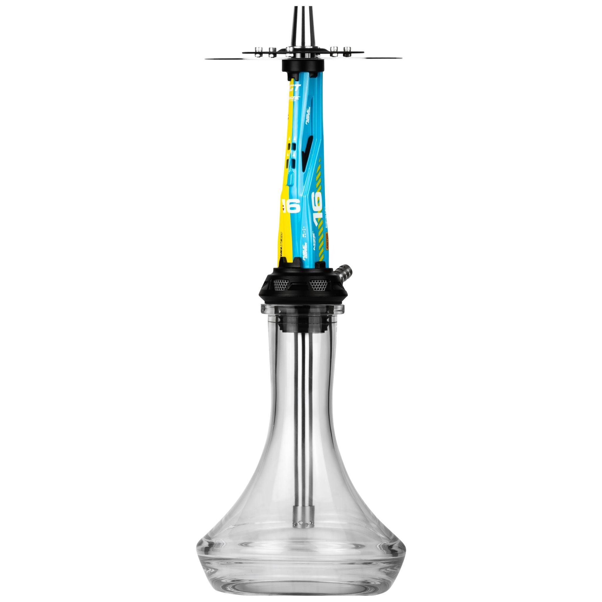 Amotion Valve X16 shisha front view, the 52cm motorsport flagship with high-gloss blue and yellow painted-aluminium sleeve and MZE decals