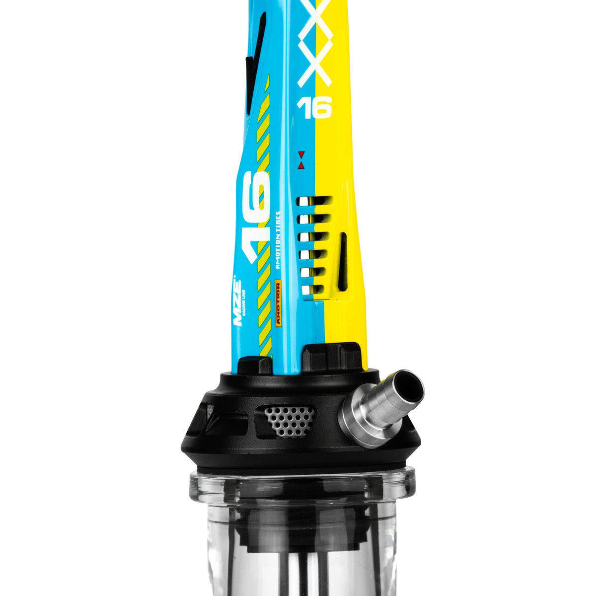 Detail of the Amotion Valve X16 stainless steel hose connector and purge blow-off vents on the black base above the clear glass base, image 6 of 12