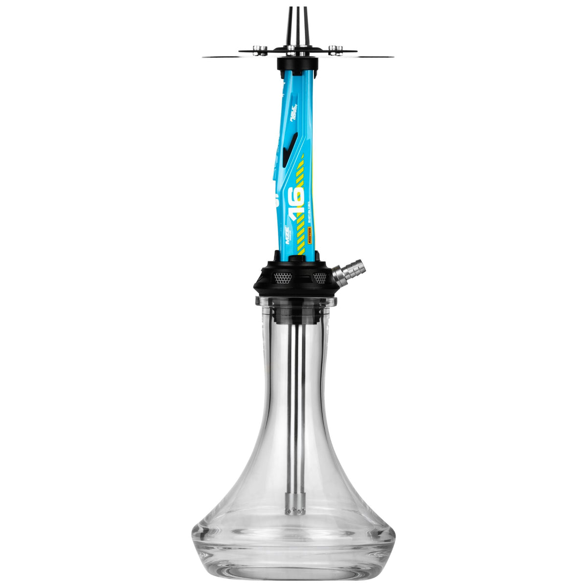 Side view of the Amotion Valve X16 shisha with the single stainless steel hose connector and MZE Racing Line graphics on the sleeve, image 8 of 12