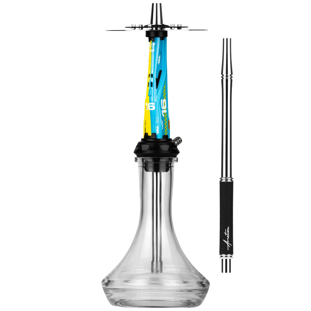Amotion Valve X16 shisha and matching braided mouthpiece, side view showing the brake-disc charcoal plate and clear plug-in glass base, image 3 of 12