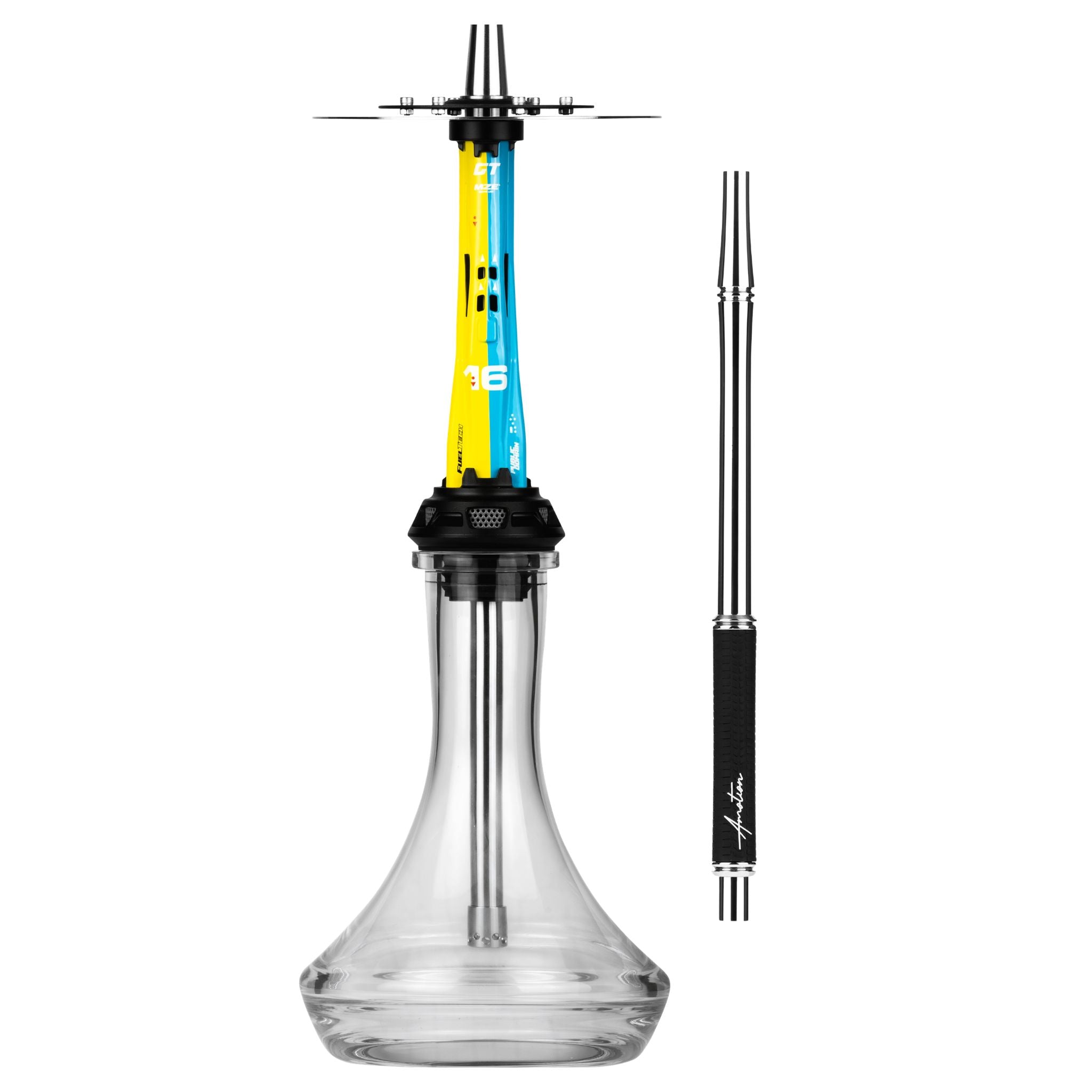 Amotion Valve X16 shisha in bright blue and yellow race livery, shown with the included colour-matched braided mouthpiece, from The Premium Way