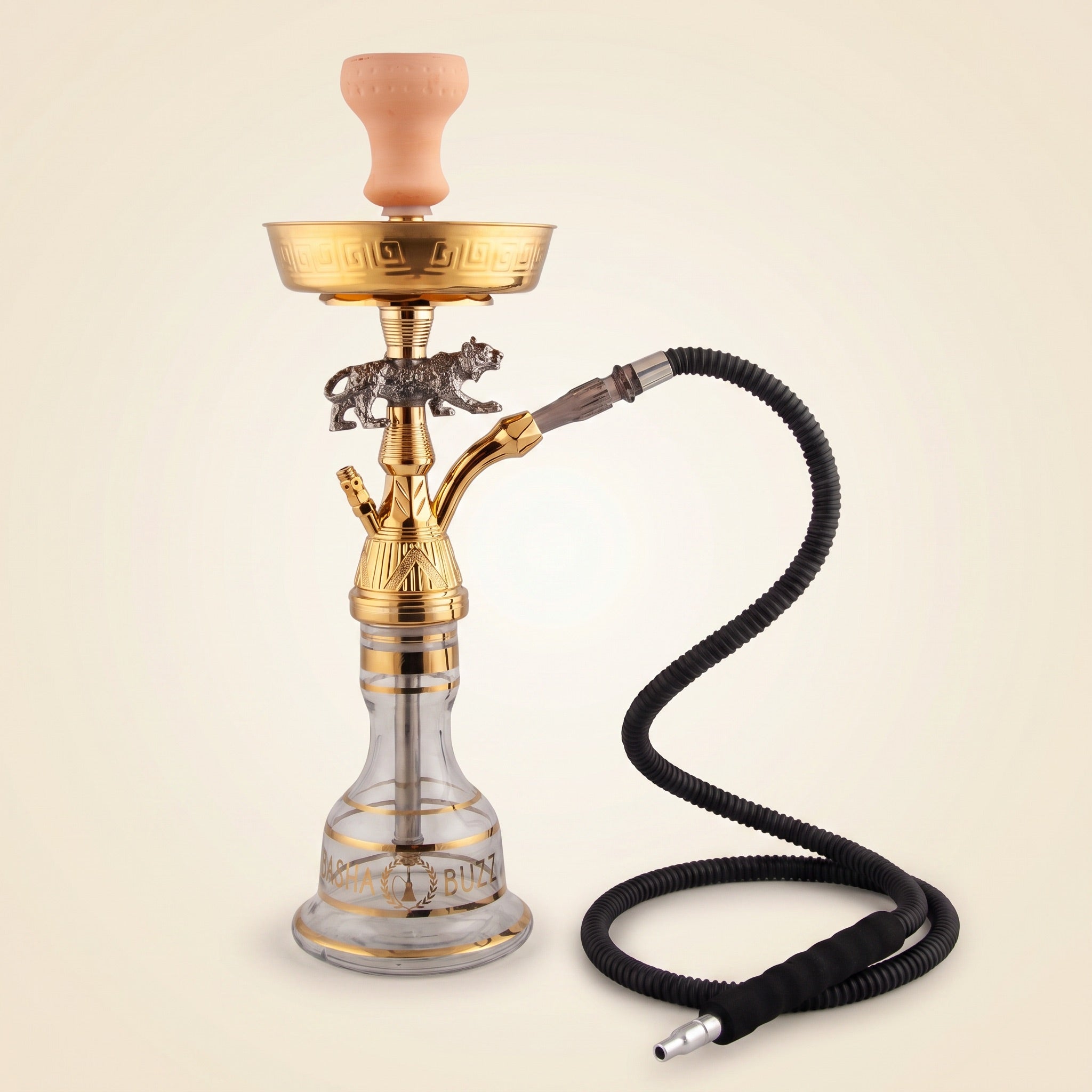 Basha Buzz Jaguar hookah pipe with silver prowling jaguar figurine and gold stem on warm cream studio backdrop