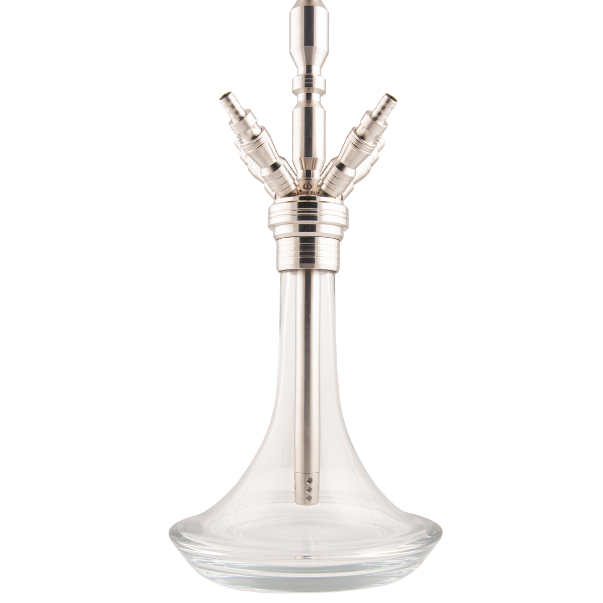 Basha Buzz Quad Sultan hookah stainless manifold on clear flared glass base — The Premium Way, image 7 of 10