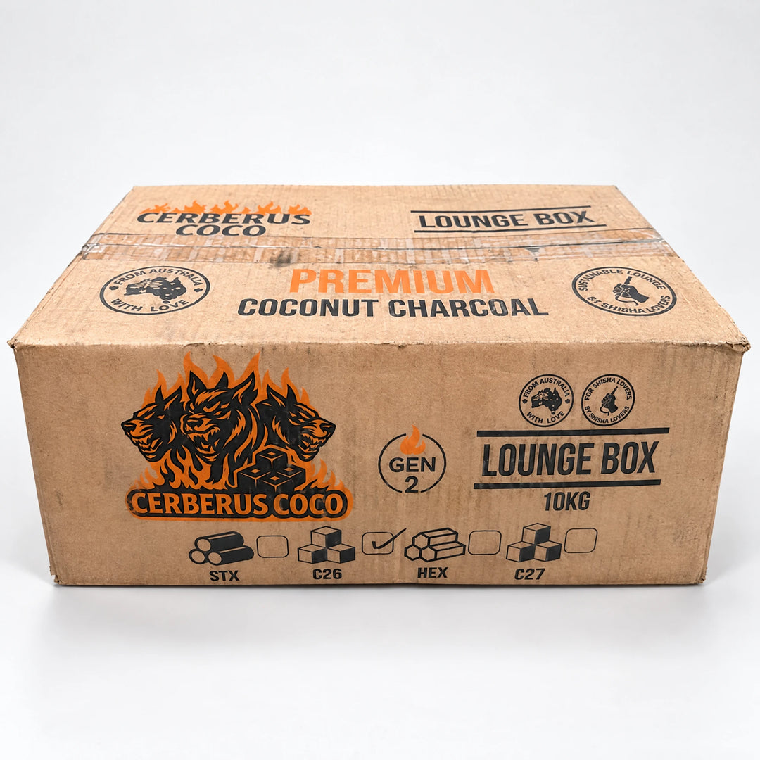 Cerberus Coco Gen 2 Lounge Box 10 kg carton, C26 ticked, 26 mm shisha charcoal cubes