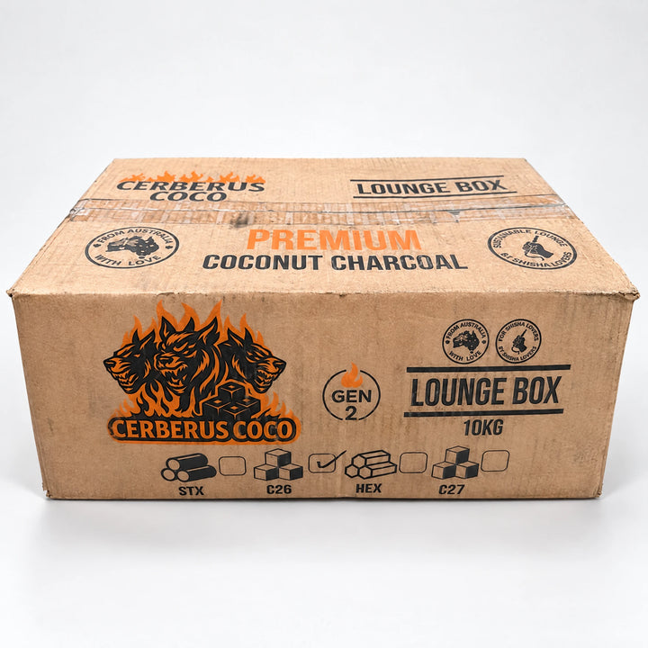 Cerberus Coco Gen 2 Lounge Box 10 kg carton, C26 ticked, 26 mm shisha charcoal cubes