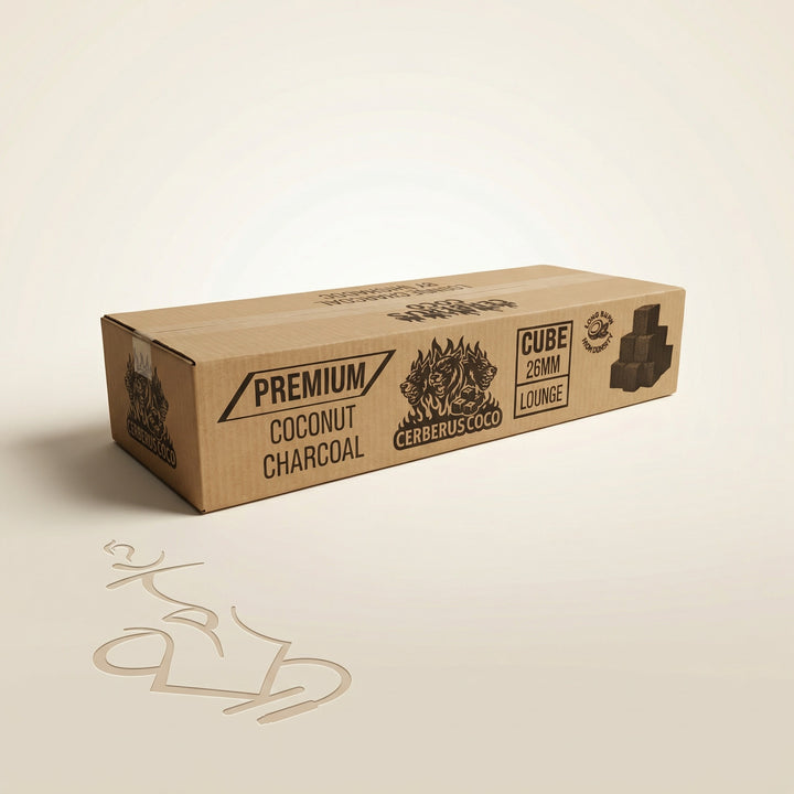 Cerberus Coco 26mm coconut shisha charcoal 10kg lounge box in clean studio lighting, kraft cardboard packaging with full Cerberus Coco branding visible.