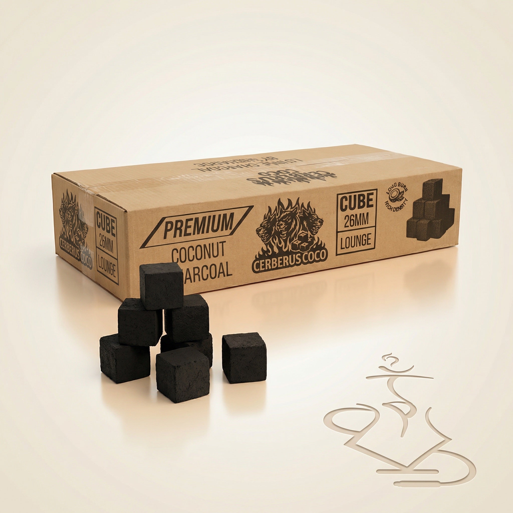 Cerberus Coco 26mm cube coconut shisha charcoal box with three loose cubes stacked beside it on a warm white studio background.