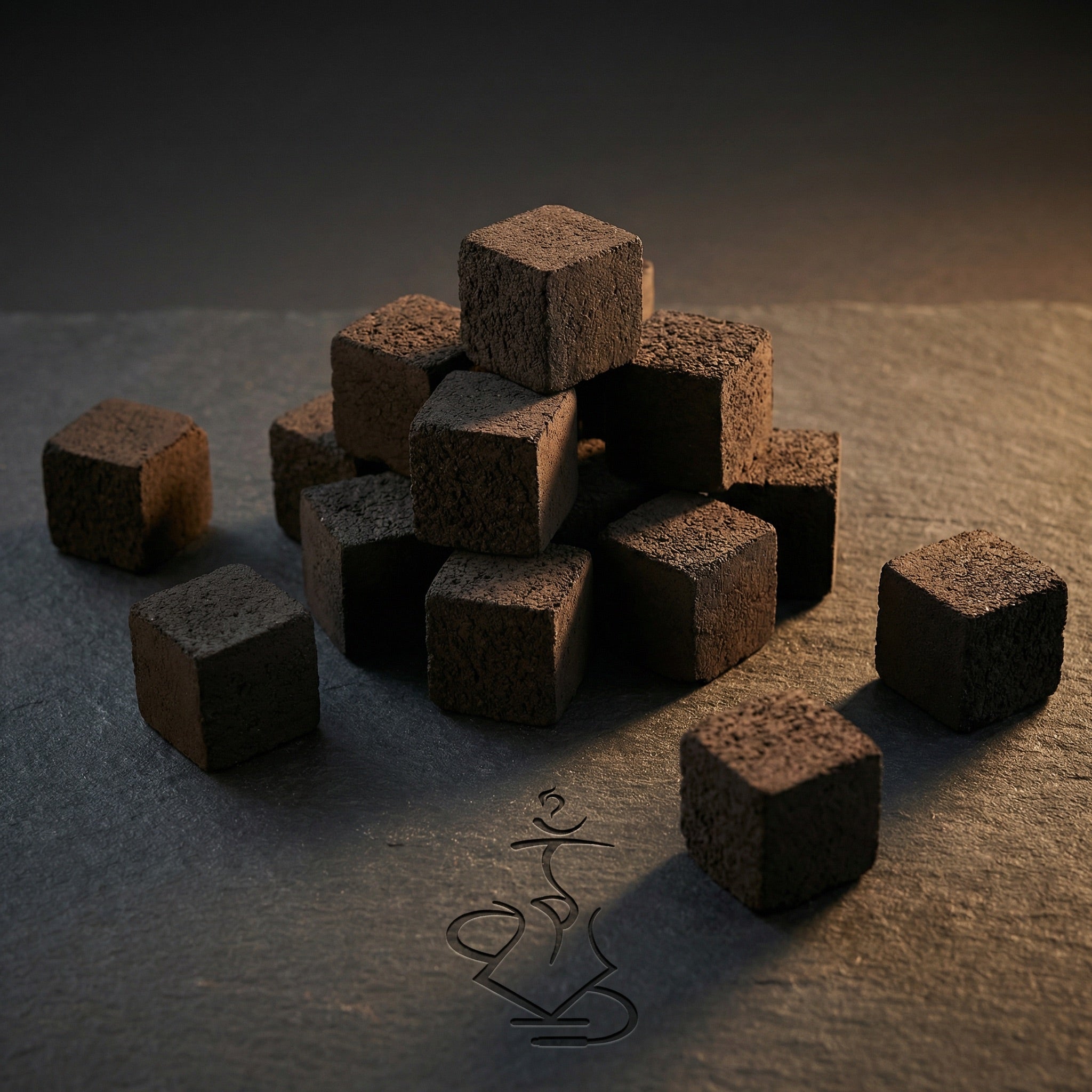 Loose Cerberus Coco 26mm coconut shisha charcoal cubes arranged on a dark stone surface showing individual cube texture and the dense compressed coconut shell composition.