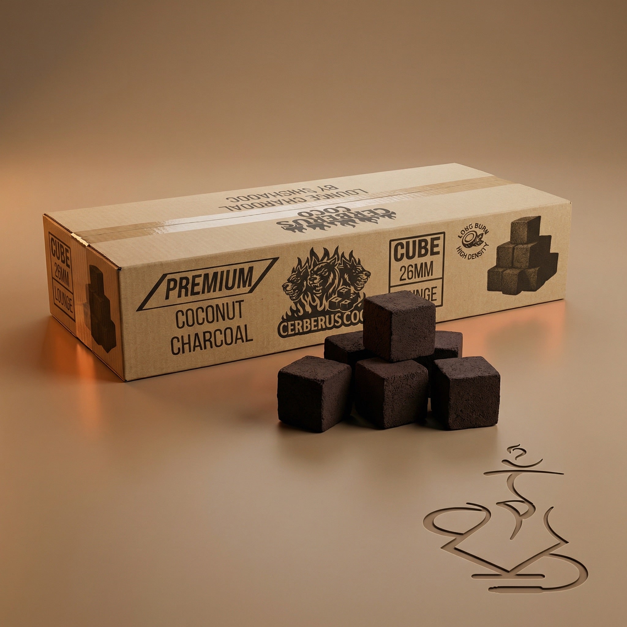 Cerberus Coco 26mm coconut shisha charcoal cubes stacked in a pyramid arrangement on a warm white studio background showing the dense dark compressed coconut shell surface.