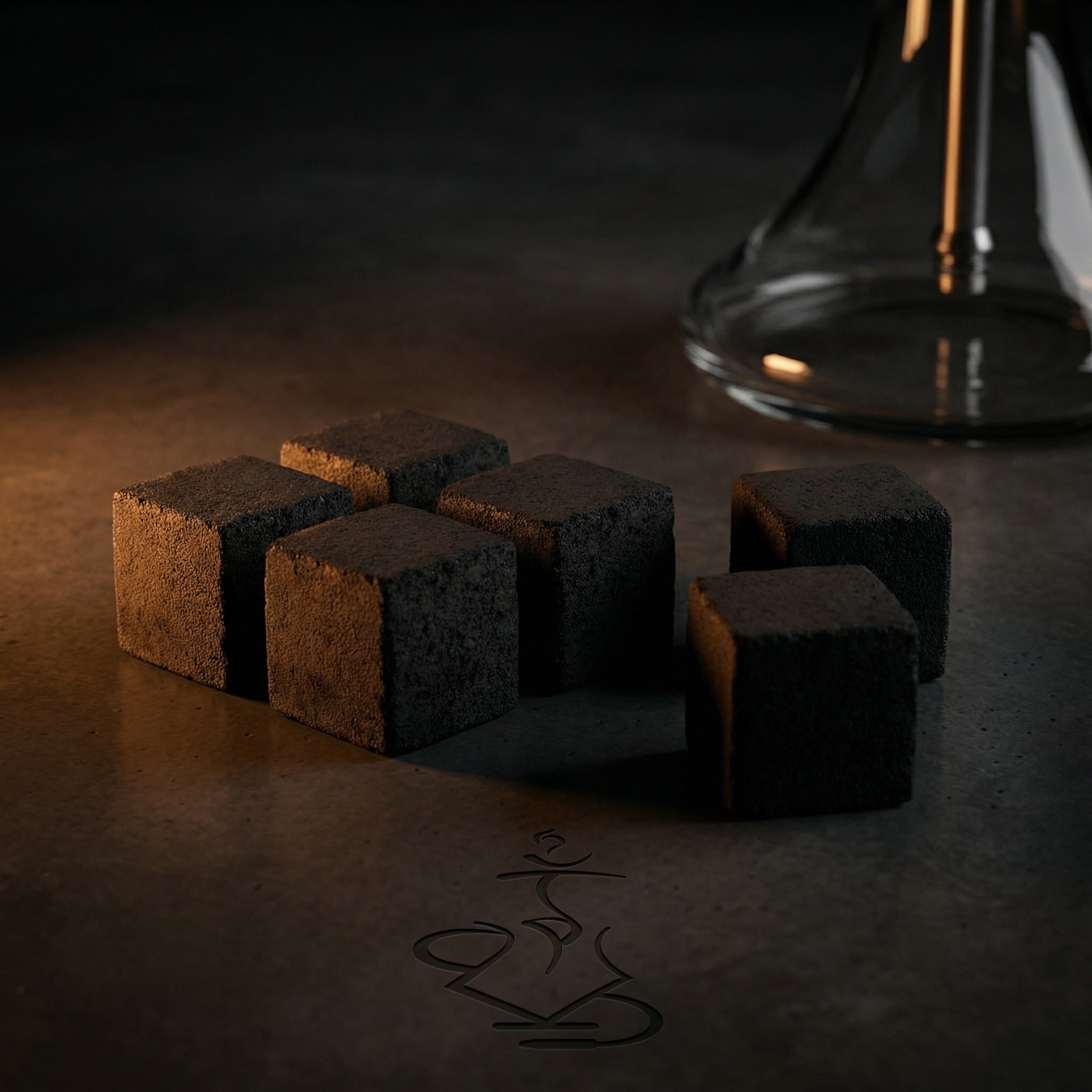 Cerberus Coco 26mm coconut shisha charcoal cubes stacked in a pyramid arrangement on a warm white studio background showing the dense dark compressed coconut shell surface.