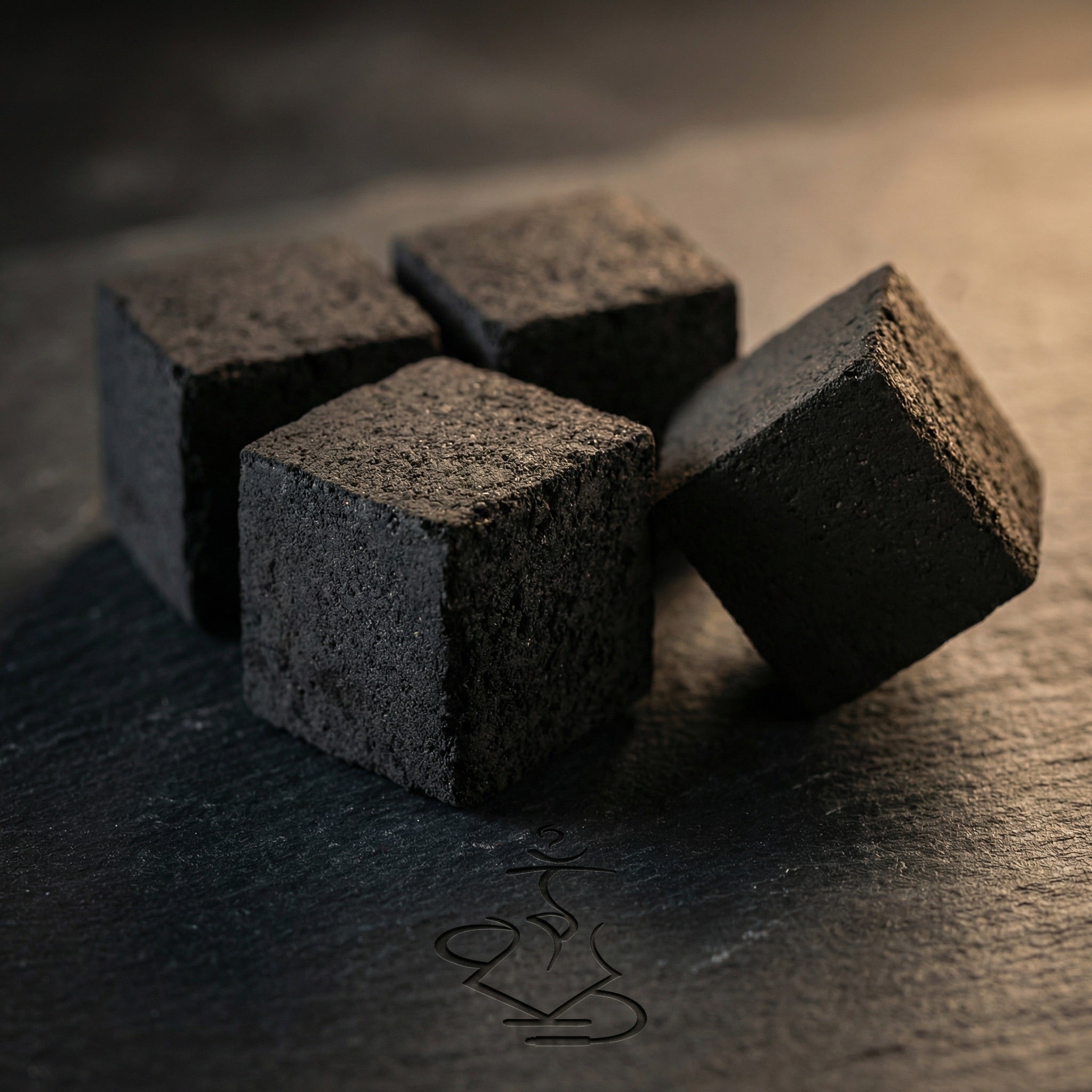 Close-up macro of Cerberus Coco 26mm coconut shisha charcoal cubes on dark slate showing the dense compressed coconut shell surface texture and precise geometry.