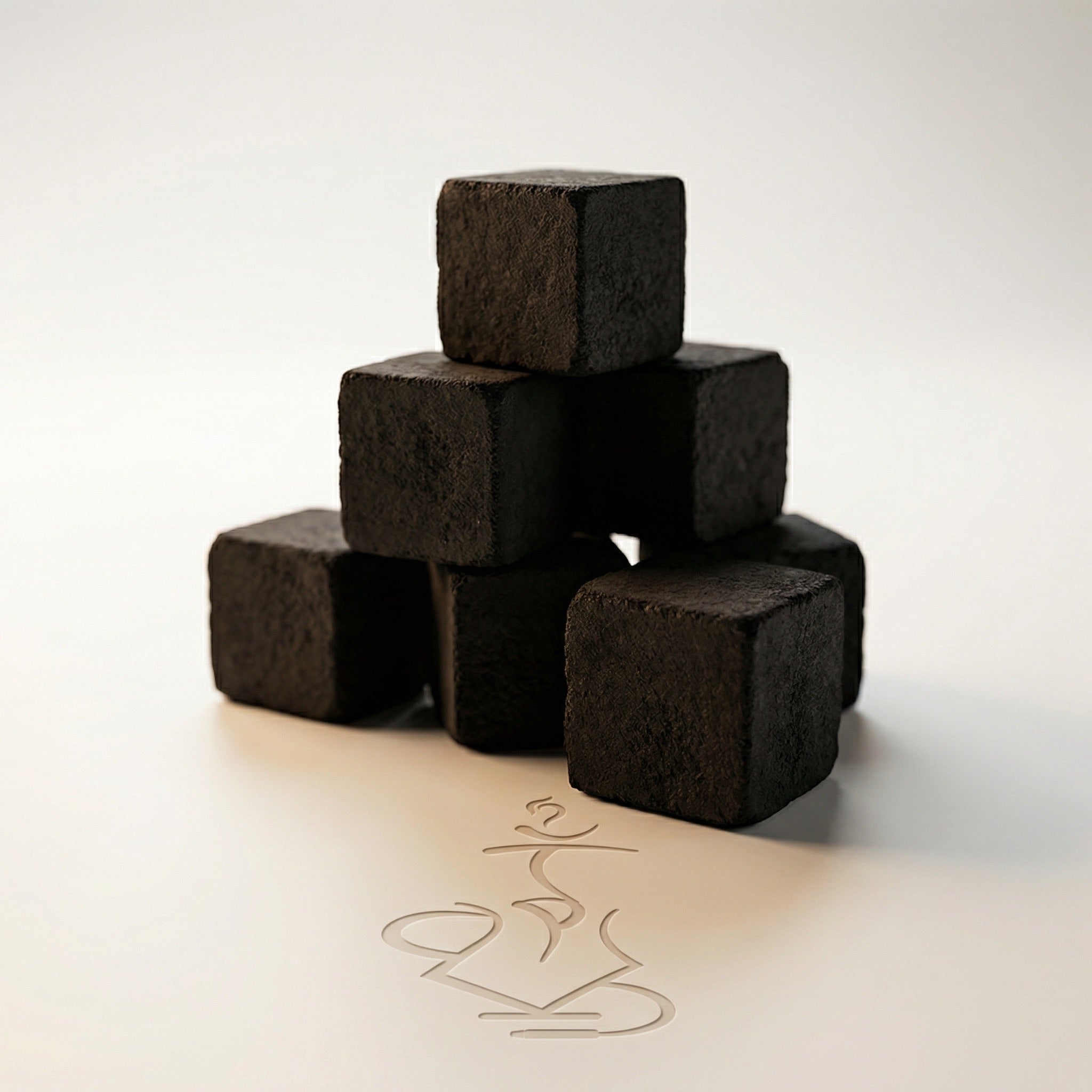 Stack of dark brown square stones on a light surface with a subtle logo.
