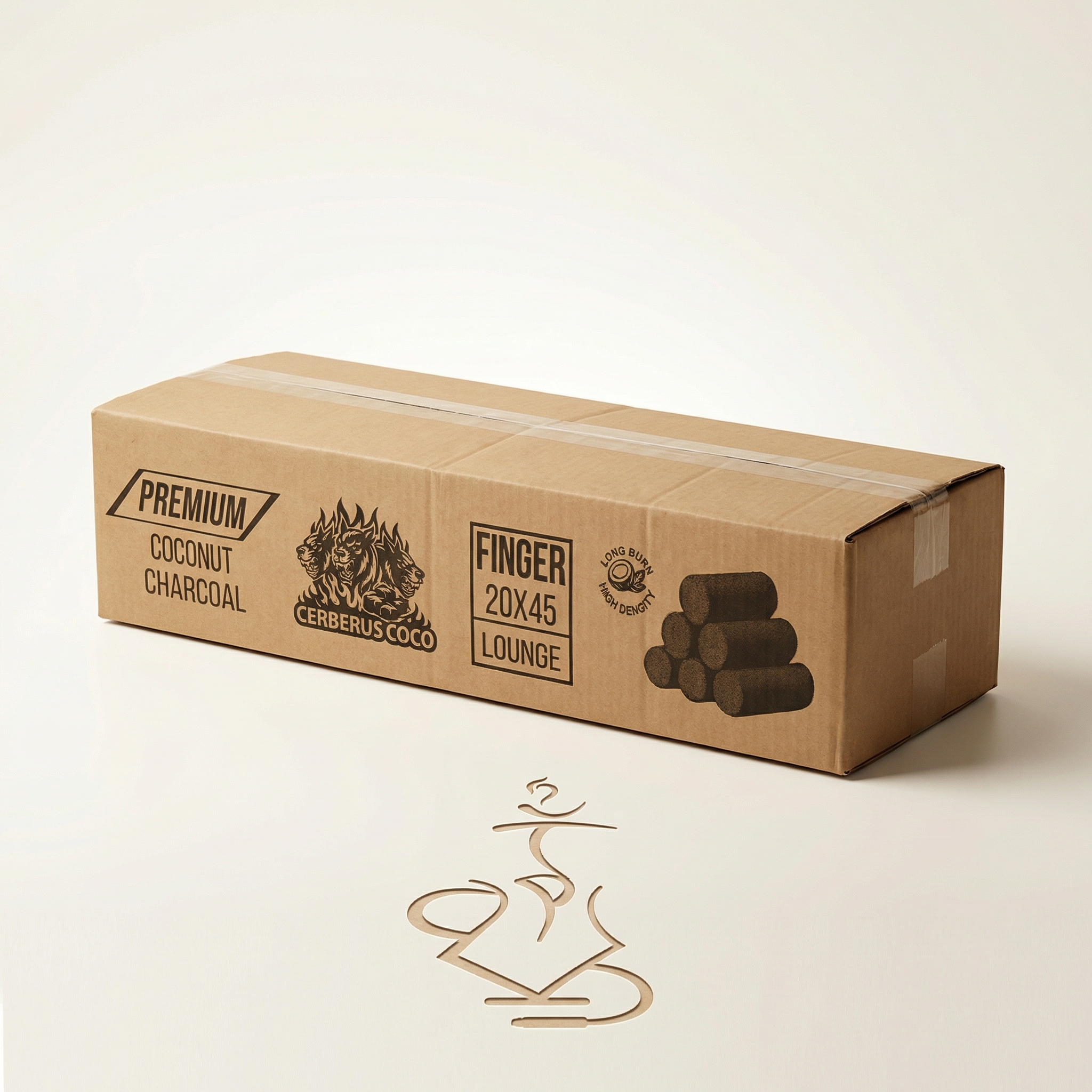Cerberus Coco Finger 20×45mm 10kg lounge box kraft carton for premium coconut hookah charcoal on a warm white studio background