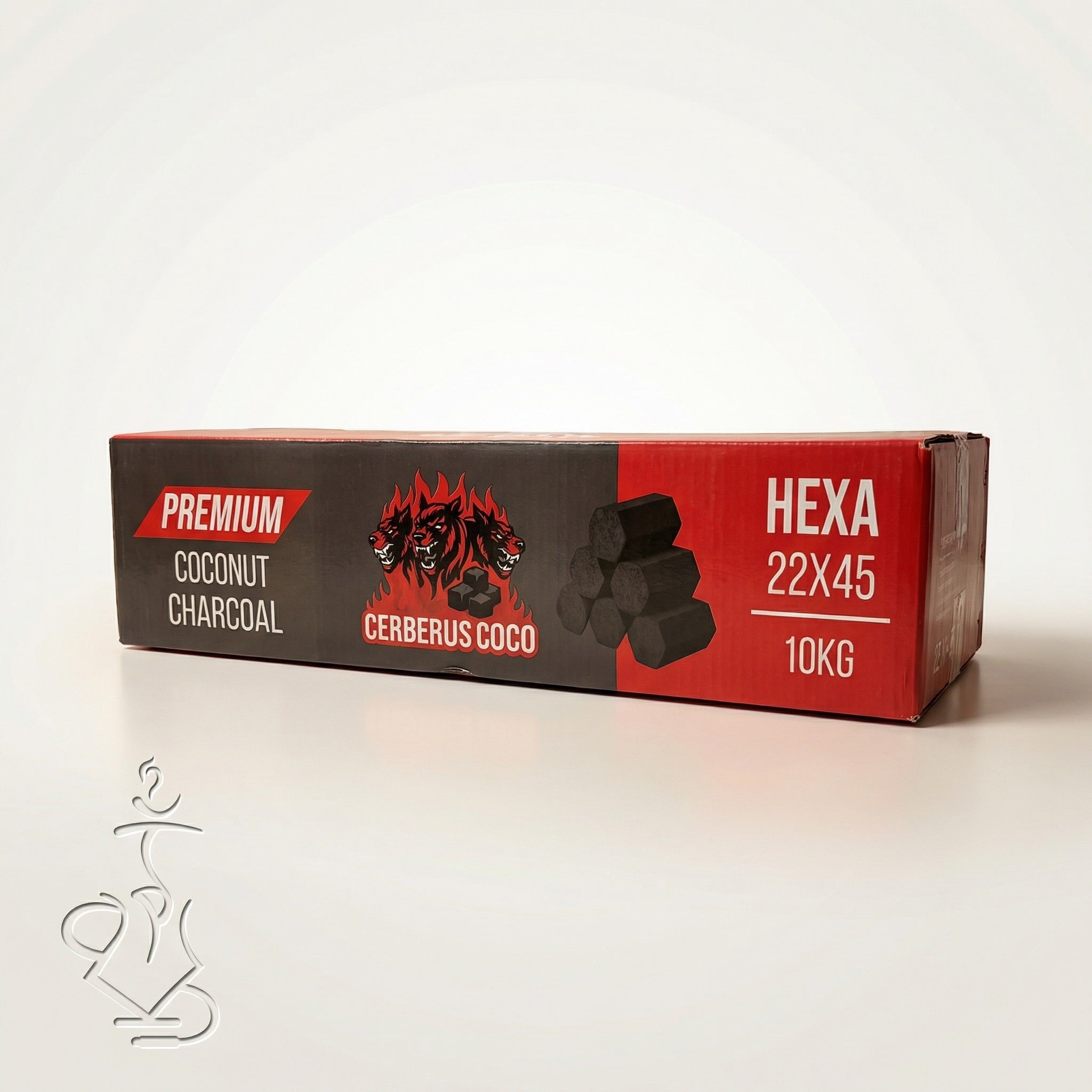 Cerberus Coco Hexa 22×45mm 10kg retail carton in landscape orientation showing the full front panel with Cerberus Coco branding on a warm white studio background