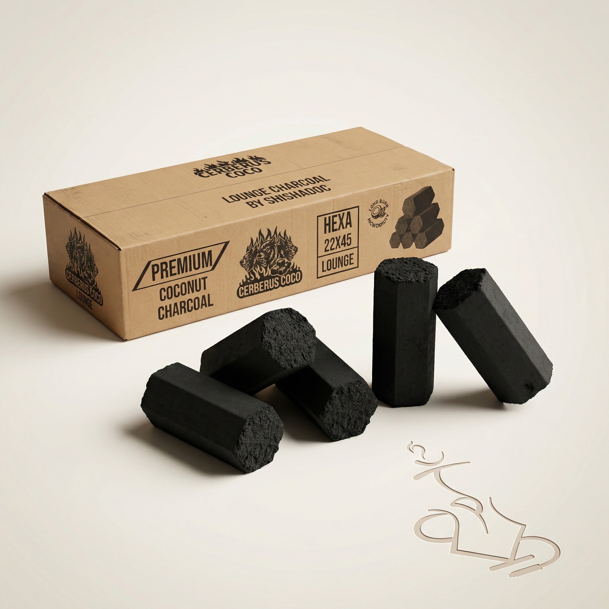 Cerberus Coco Hexa 22×45mm coconut charcoal 10kg lounge box with five loose solid dark hexagonal coal pieces showing dense porous end faces on warm white studio background