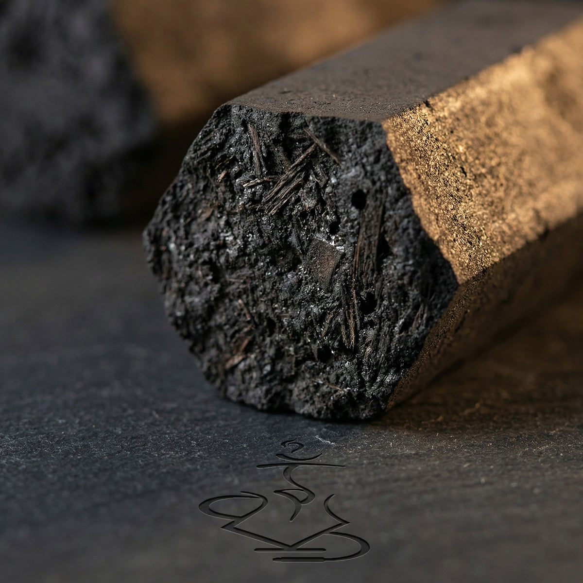 Extreme close-up of Cerberus Coco Hexa coconut charcoal showing dense compressed coconut shell fibre texture on the solid hexagonal end face on dark slate surface, image 5 of 5