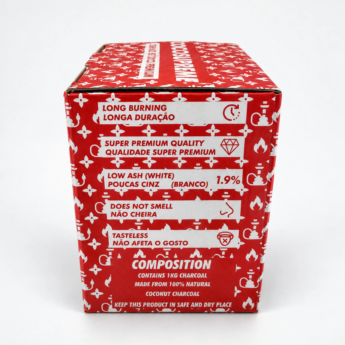 CocoSupreme coconut charcoal box side: long burning, 1.9 percent white ash, no smell, no taste, image 3 of 4