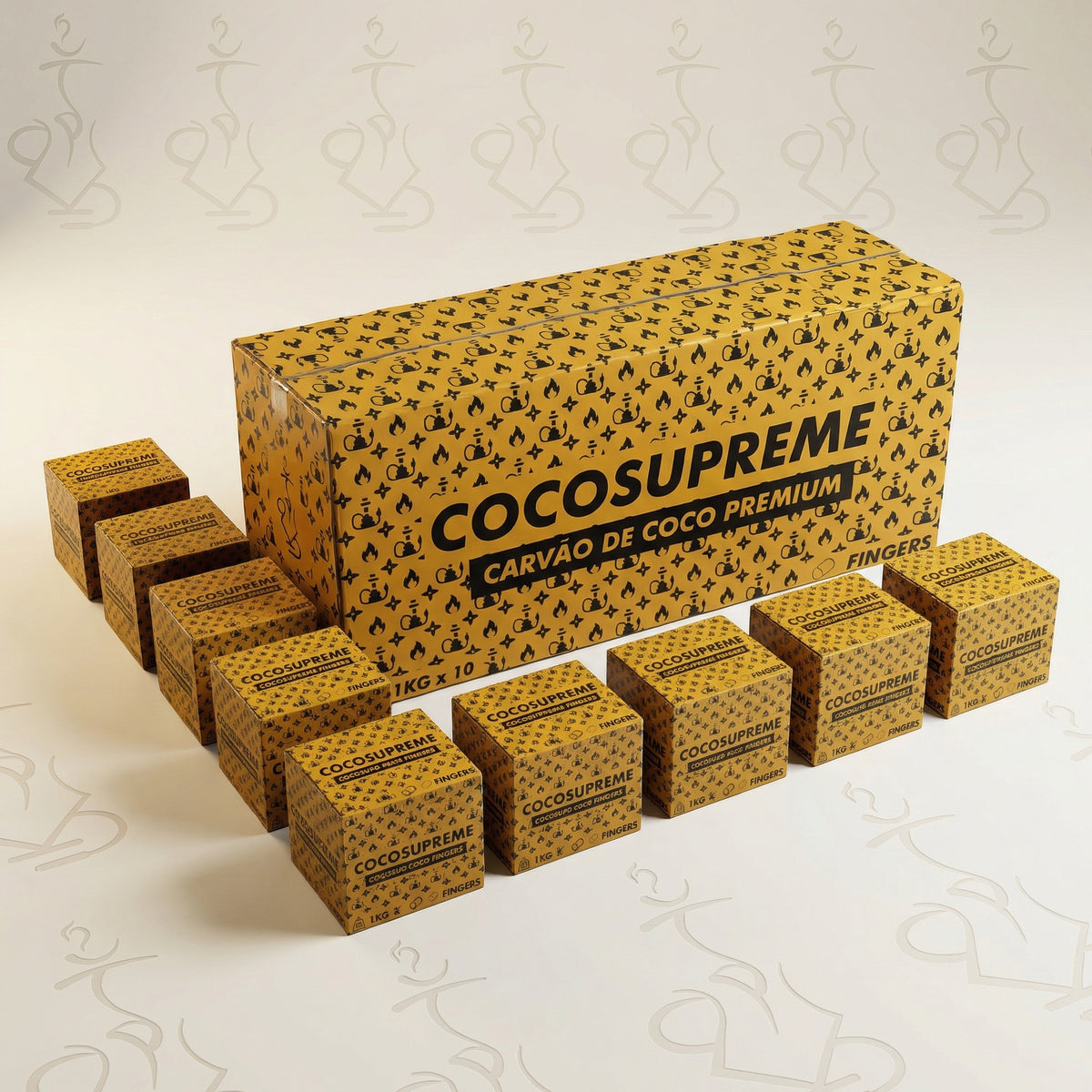 Cocosupreme Fingers 10kg master carton with ten individual 1kg boxes arranged around it on a warm white studio background showing the full pack contents., image 8 of 12