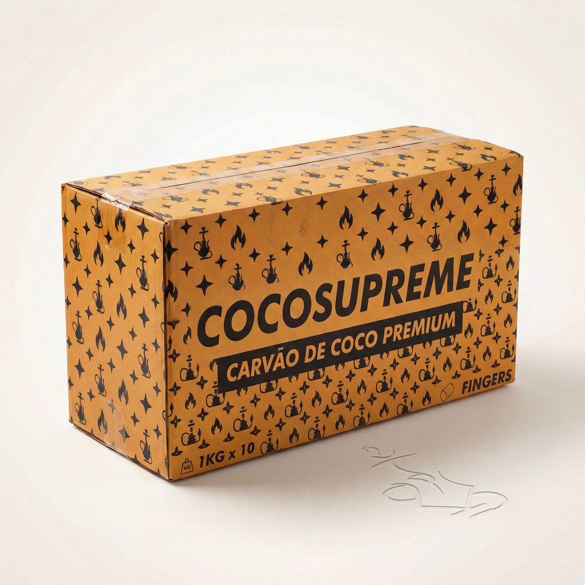 Cocosupreme Fingers 10kg coconut charcoal master carton in amber-orange with black hookah monogram pattern on a warm white studio background., image 7 of 12