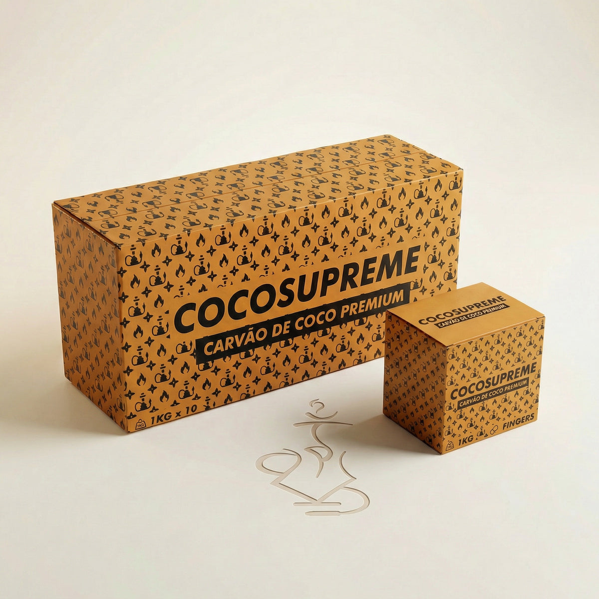 Cocosupreme Fingers coconut charcoal 1kg and 10kg boxes together on a warm white studio background showing the size difference between formats., image 2 of 12