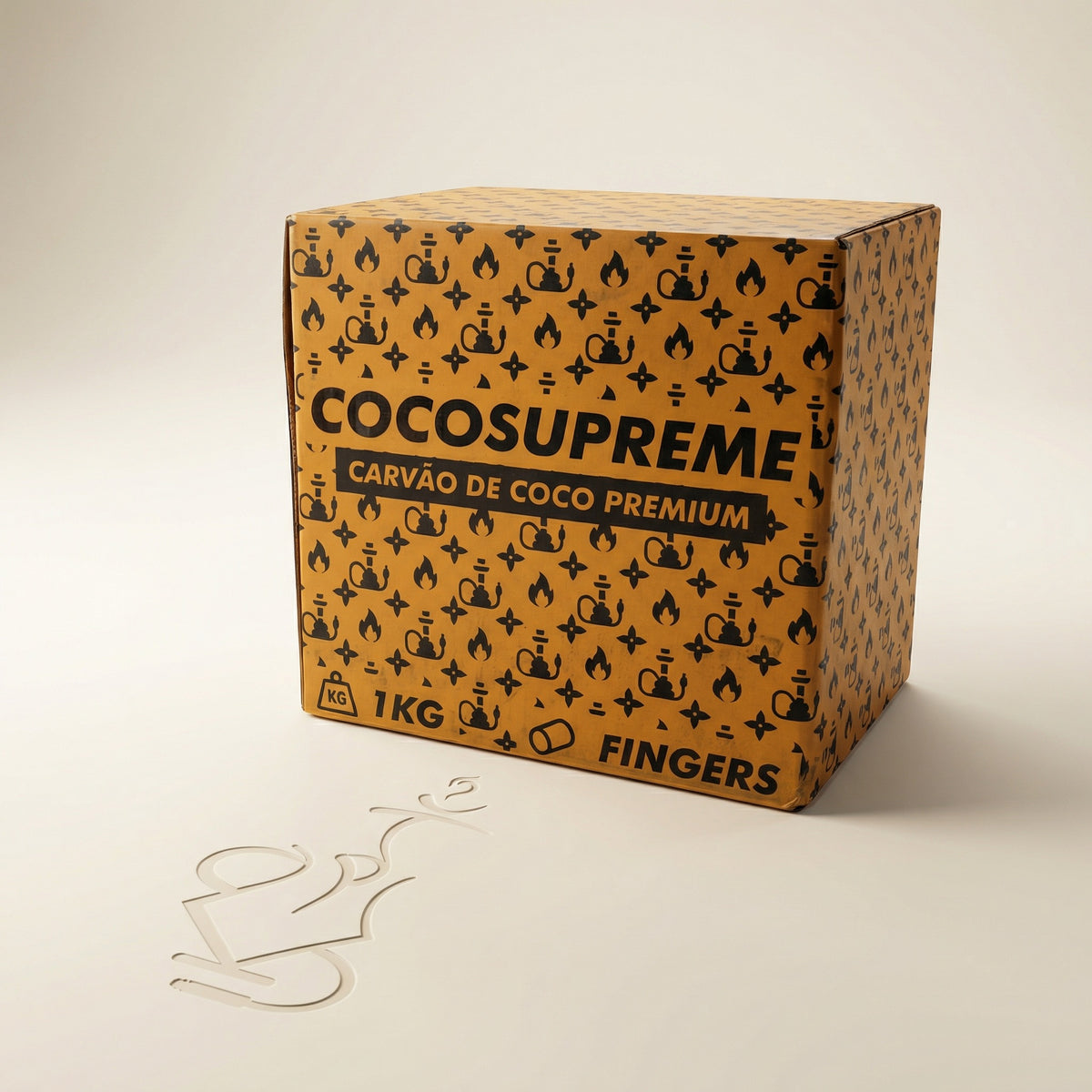 Cocosupreme Fingers 1kg coconut charcoal box in amber-orange with black hookah monogram pattern on a warm white studio background., image 6 of 12