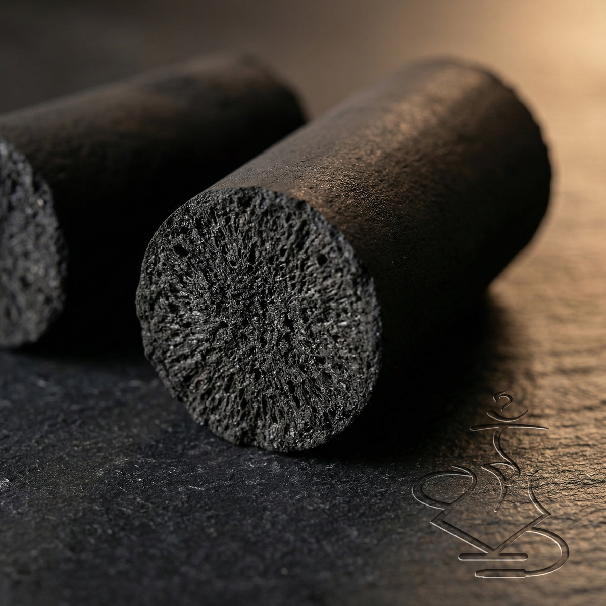 Macro close-up of a Cocosupreme Fingers coconut charcoal piece showing the dense solid pressed coconut fibre cross-section on a dark slate surface., image 5 of 12