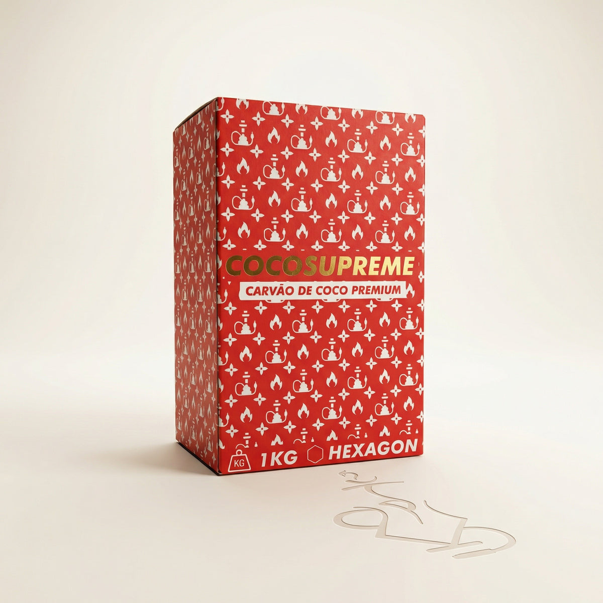Cocosupreme Hexagon 1kg coconut charcoal box in bold red with white hookah monogram pattern and gold branding on a warm white studio background., image 5 of 7