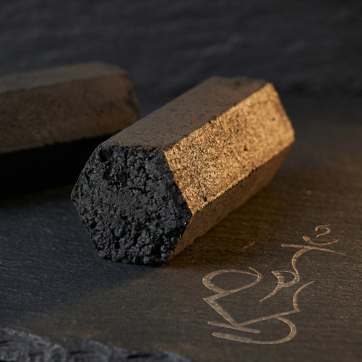 Macro close-up of a Cocosupreme Hexagon coconut charcoal piece showing the solid six-sided profile and pressed coconut fibre end texture on a dark slate surface., image 3 of 7