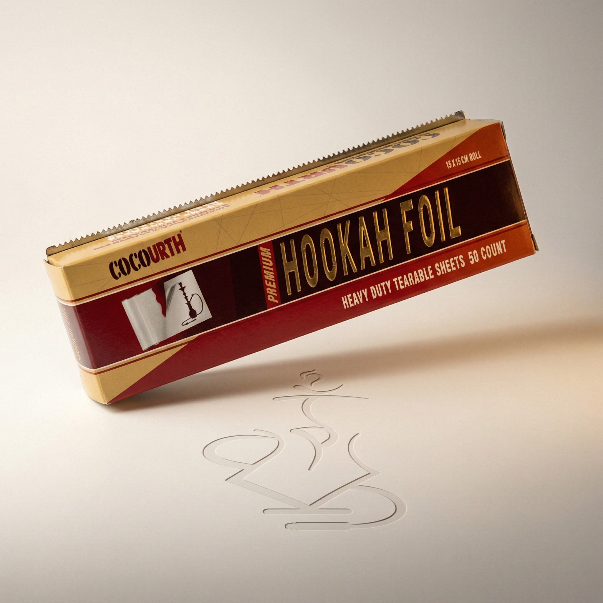 Cocourth Heavy-Duty Shisha Foil Roll 50 Micron — gold and maroon dispenser box with built-in cutter, 15-metre roll of thick aluminium hookah foil