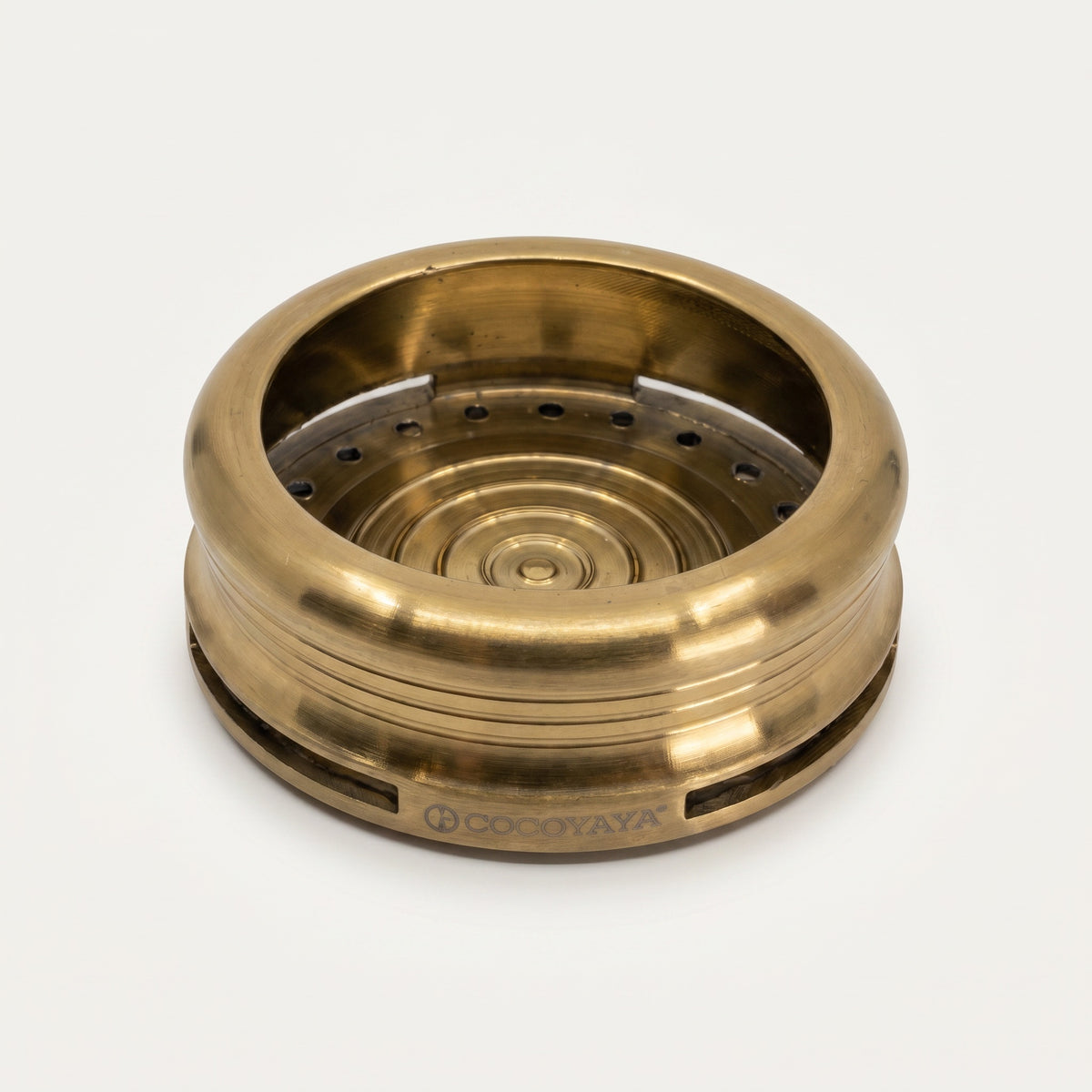 Cocoyaya Pro 5 chamber interior showing heat plate with concentric rings and perforated holes, brushed gold body, image 3 of 5