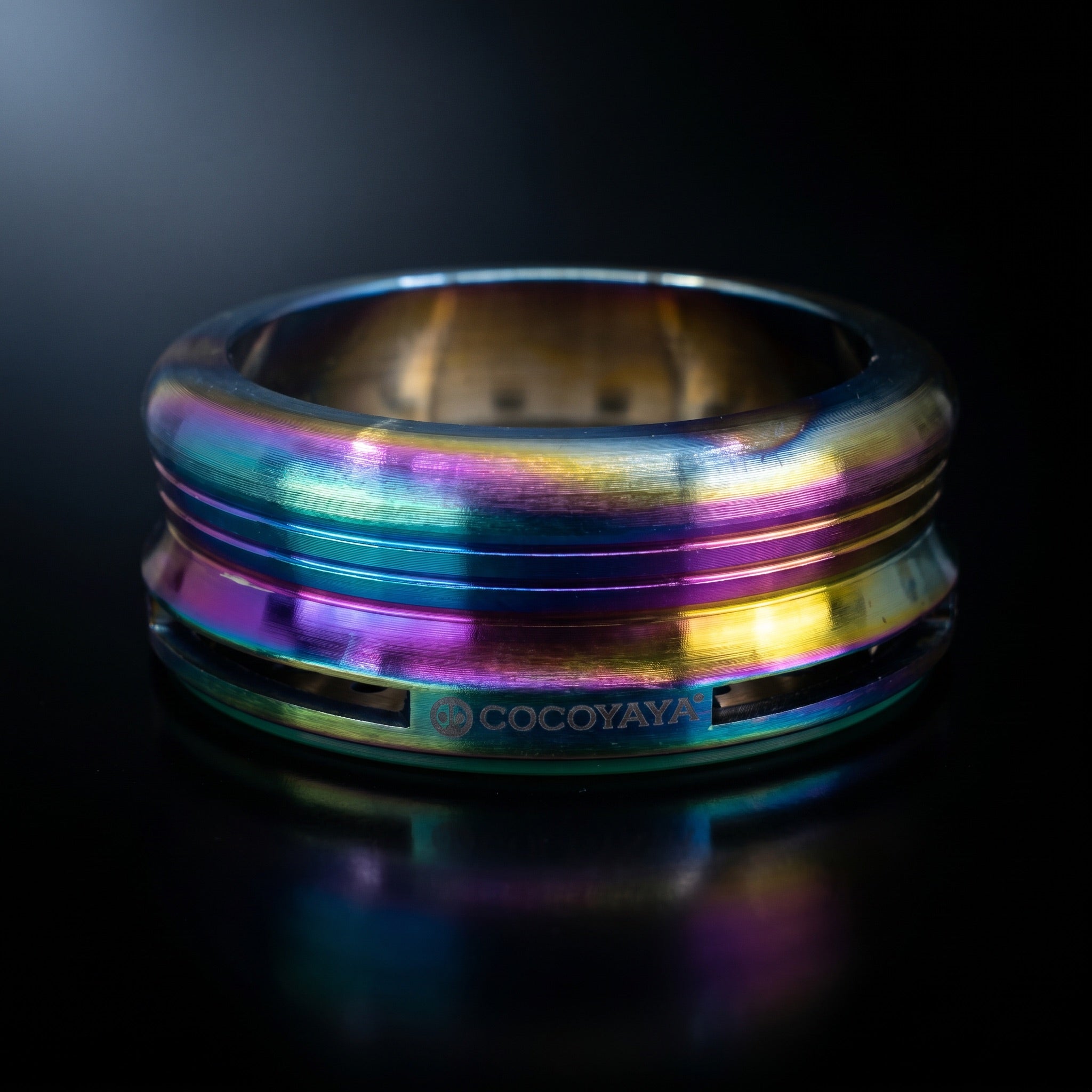 Cocoyaya Pro 5 Rainbow HMD macro detail showing iridescent banded finish and COCOYAYA logo, The Premium Way