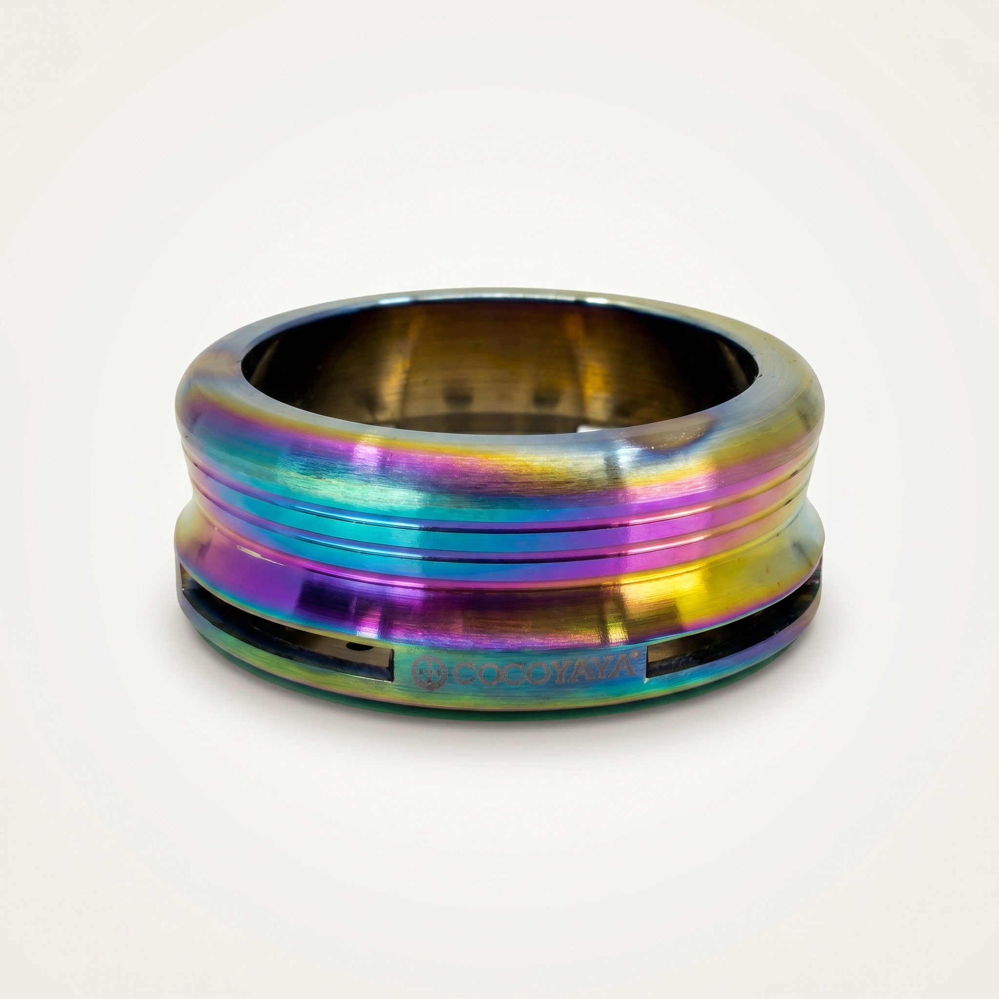Cocoyaya Pro 5 Rainbow stainless steel HMD, three-quarter view on white studio sweep, The Premium Way
