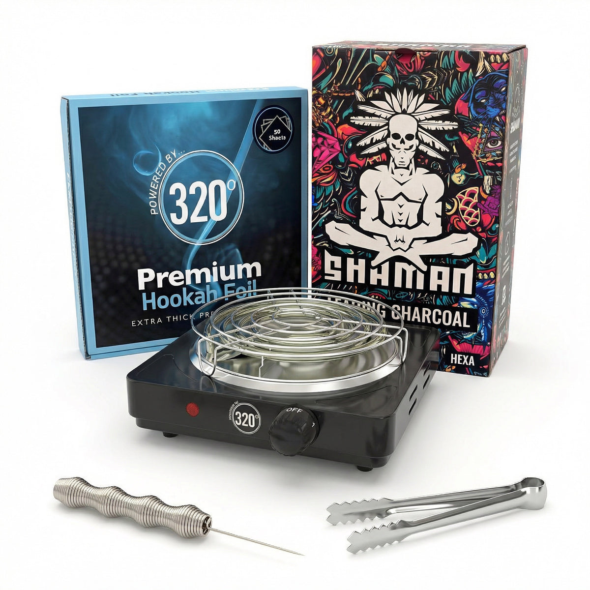 Complete shisha prep kit bundle isolated on white, showing the 320 electric burner, Shaman Hexa coconut charcoal box, 320 premium hookah foil box, Smoothpoke poker and chrome charcoal tongs., image 9 of 12