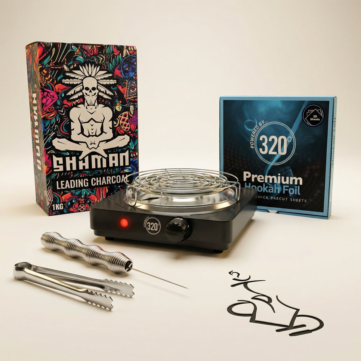 Complete shisha prep kit bundle photographed in a warm white studio, featuring the 320 electric charcoal burner, Shaman Hexa 1kg coconut charcoal, 320 premium hookah foil, Smoothpoke poker and tongs, available at The Premium Way Melbourne., image 2 of 12