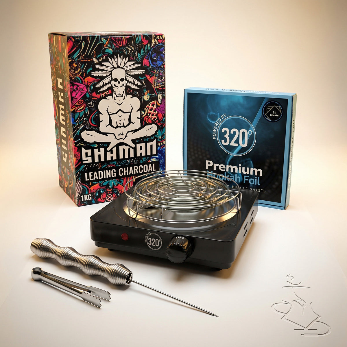 Complete shisha prep kit bundle with Shaman Hexa hexagonal coconut charcoal in a warm white studio, showing the 320 electric burner, premium hookah foil, Smoothpoke poker and tongs from The Premium Way Melbourne., image 11 of 12