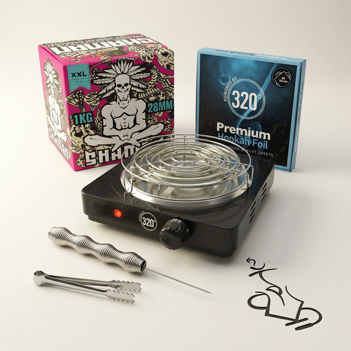Complete shisha prep kit bundle with Shaman XXL 28mm coconut charcoal in a warm white studio, showing the 320 electric burner, premium hookah foil, Smoothpoke poker and tongs from The Premium Way Melbourne., image 10 of 12