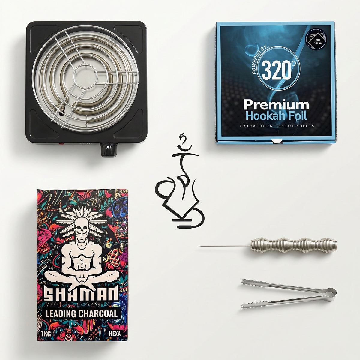 Overhead flat lay of the complete shisha prep kit bundle laid out across a warm white studio surface, showing the 320 electric burner, 320 premium hookah foil box, Shaman Hexa coconut charcoal, Smoothpoke poker and tongs., image 4 of 12