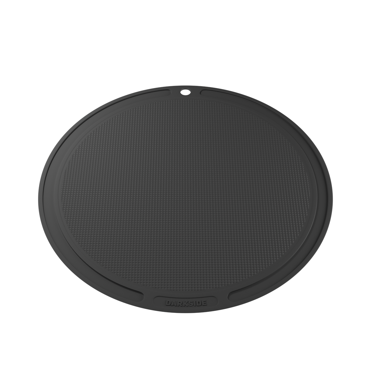 Darkside D-Flat black mat shown at a gentle angle highlighting its raised rim and centre hole, image 3 of 7