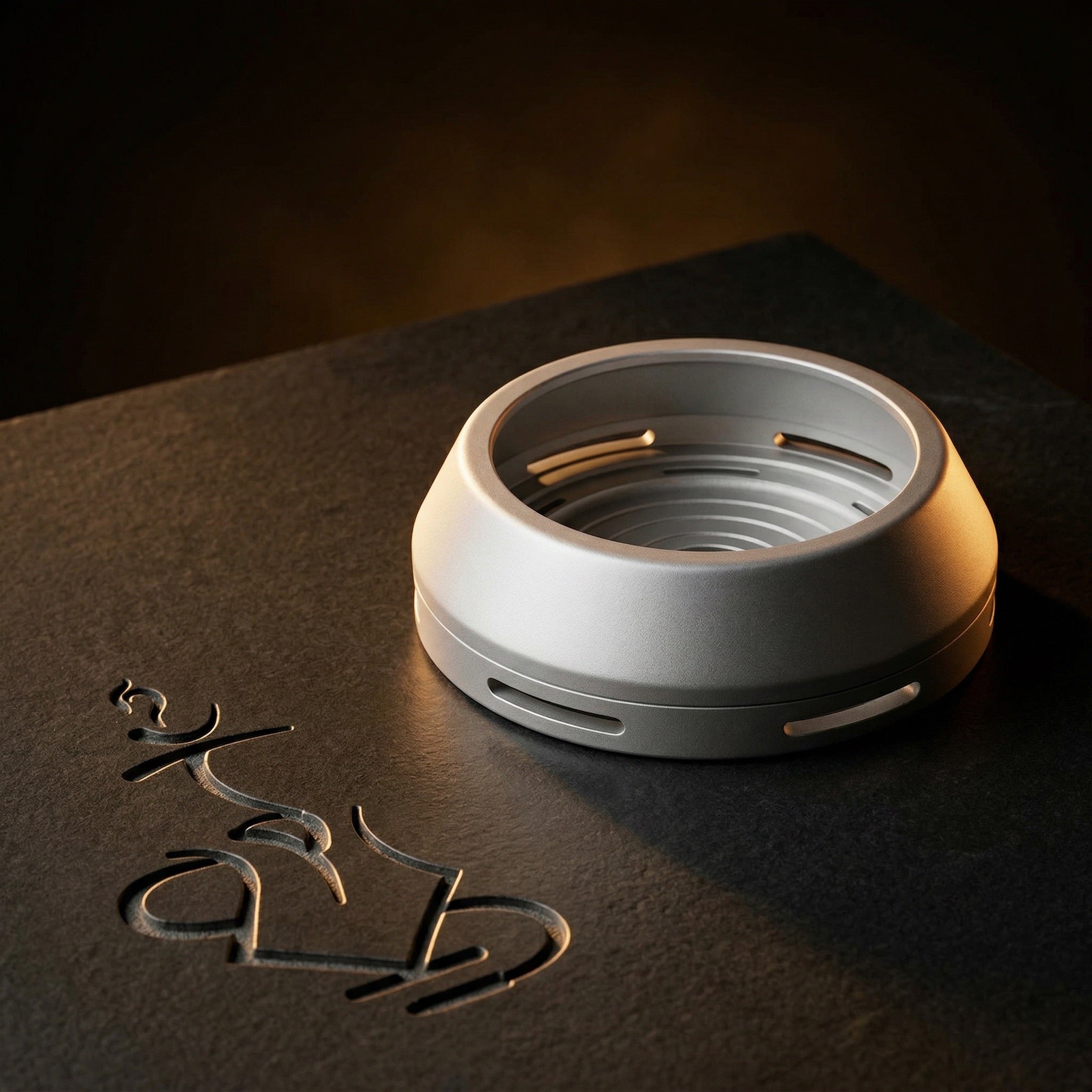 Darkside D-Heater Silver HMD lit dramatically on honed dark basalt, revealing the concentric machined interior coal platform and satin anodised finish.