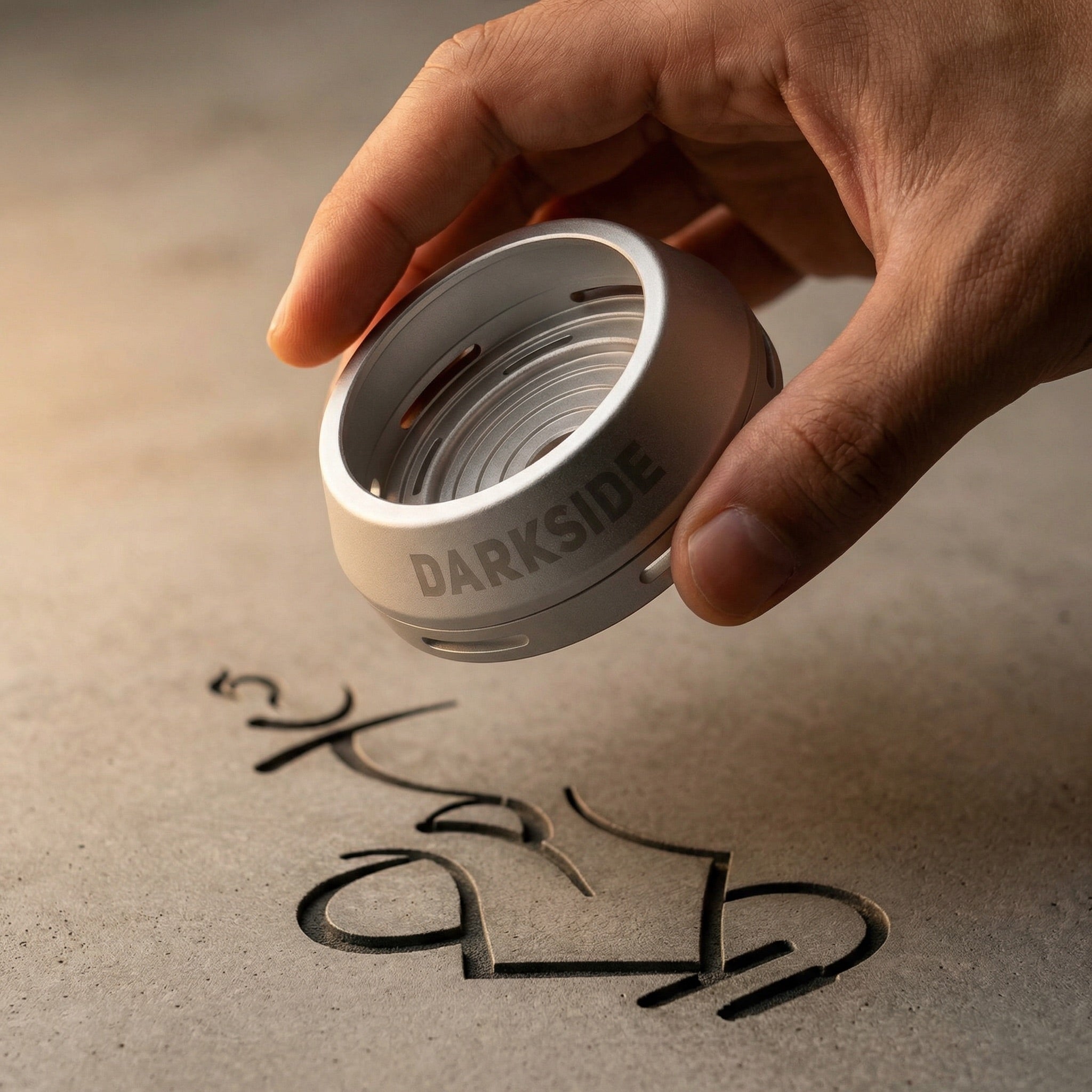 Hand holding the compact Darkside D-Heater Silver HMD over a concrete surface, showing its true size and lidless open-top coal access.